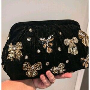 NWT India Beaded Purse Art Deco Style Bow Shimmer Motif Black Velvet Chain Strap